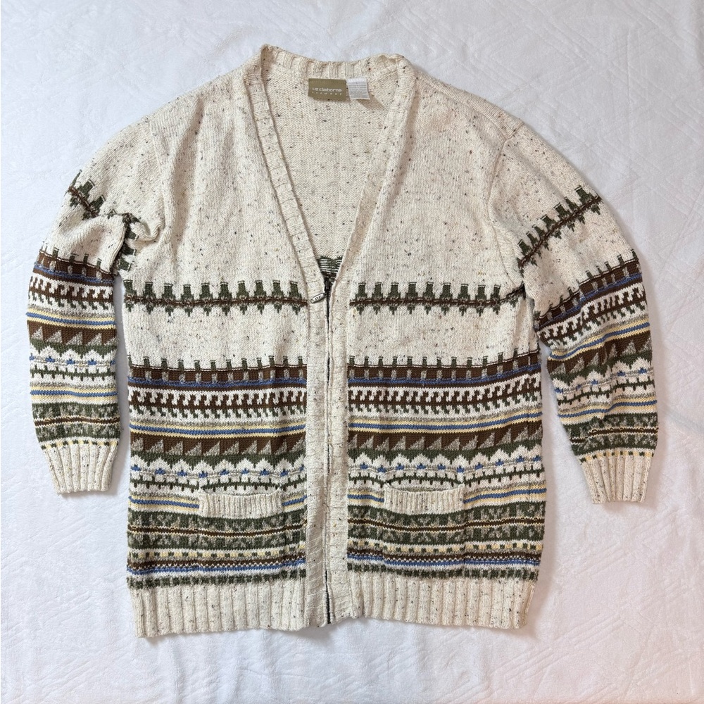 Liz Claiborne Women's Sweater Size L Full Zip Fair Isle Ireland Fisherman Heavy